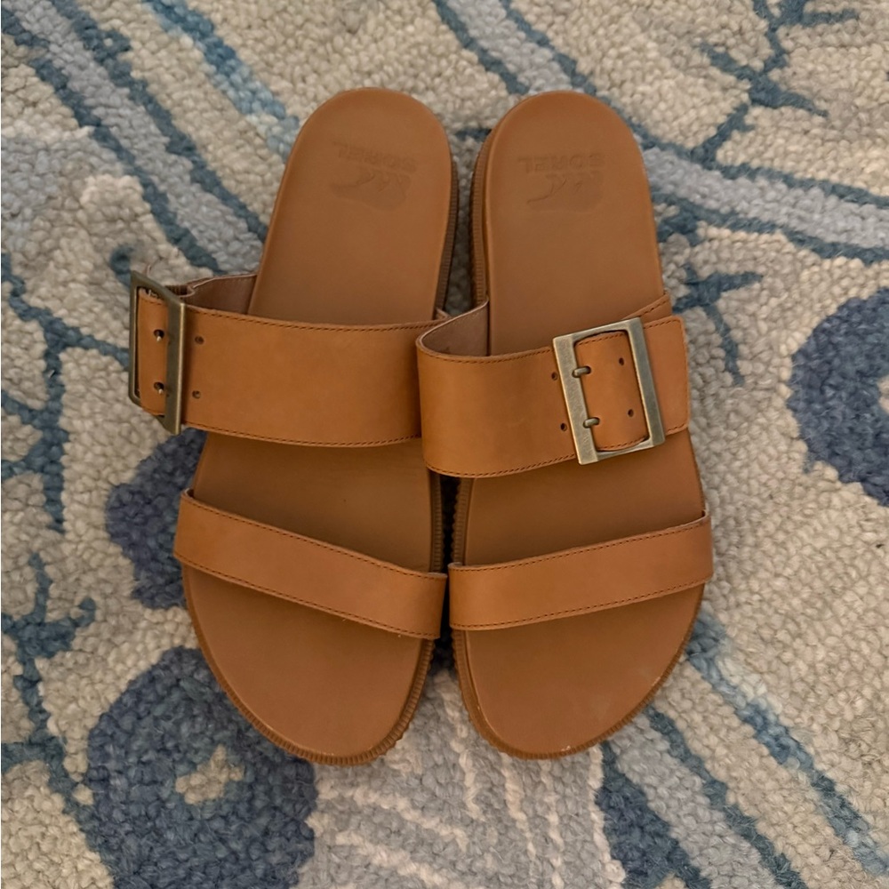 Sorel Women’s Tan Double-Strap Slide Sandals with Buckle